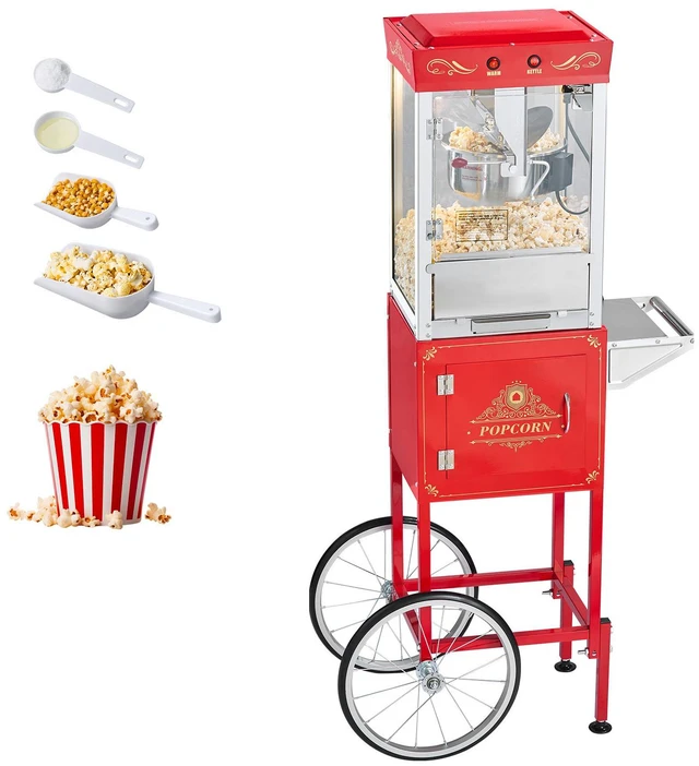 Alt view image 10 of 10 - Popcorn Machine with Cart, 8oz Stainless Steel Kettle, 800W Commercial Popcorn Maker, 48 Cups per Batch Theater Style Popper, with 2-Button Control Glass Wall PC Door 1 Scoop 3 Spoons, Red