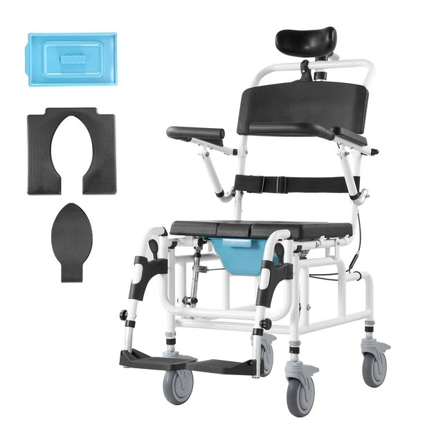 Alt view image 9 of 15 - Shower Wheelchair, 17.5in Width Aluminum Alloy Bathroom Wheelchair for Inside Shower, Adjustable Rolling Shower Chair w/ Brake for Disabled Adult, 300 lbs Capacity Shower Transport Chair