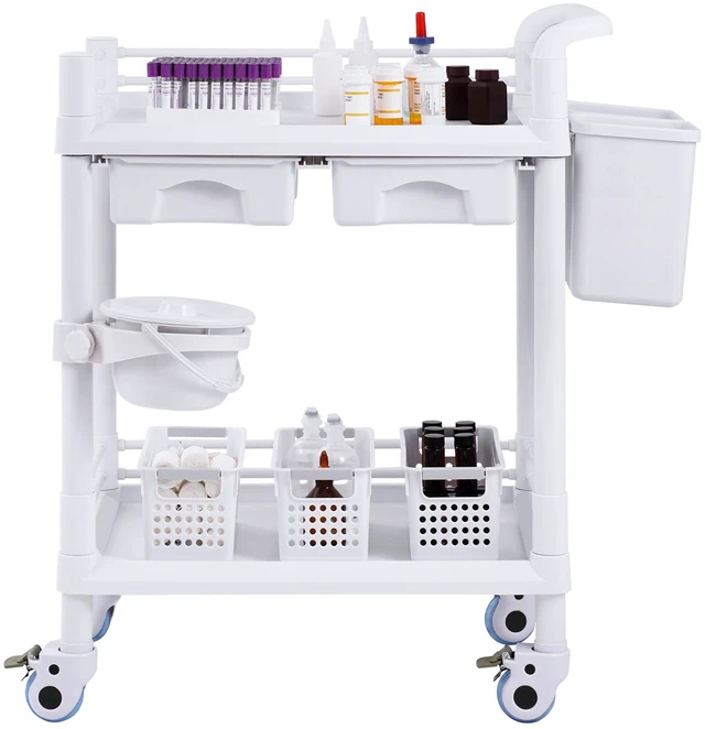Alt view image 8 of 8 - VEVOR 2 Tiers Lab Carts Mobile Medical Cart 2 Trays 2 Drawers 3 Trash Cans White, Trolley Storage Cart with PP Material, Lab Rolling Cart with 4 Silent Wheels for Lab, Clinic, Hospital, Salon, Office
