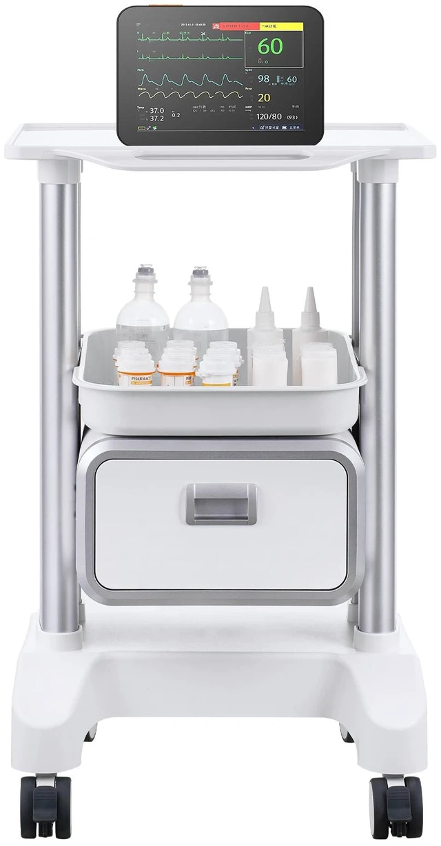Alt view image 8 of 8 - VEVOR 2 Tiers Lab Carts Mobile Medical Cart with 1 Drawer & 1 Top Tray White, Trolley Storage Cart with ABS Material, Lab Rolling Cart with 4 Silent Wheels for Lab, Clinic, Hospital, Salon, Office