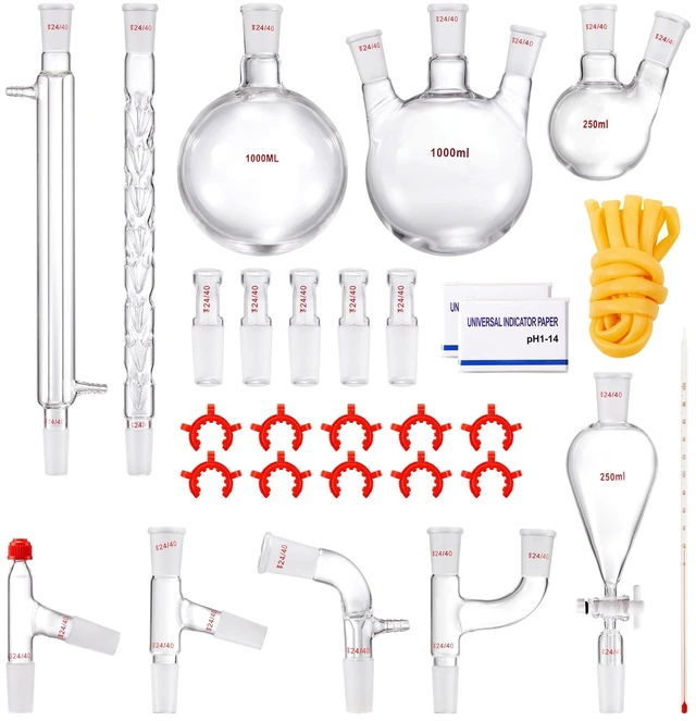 Alt view image 9 of 9 - Lab Distillation Kit, 3.3 Boro Lab Glassware Distillation Kit with 24, 40 Joint, 1000ml Essential Oil Distillation Apparatus Kit, 29 pcs Set of Glassware Equipment