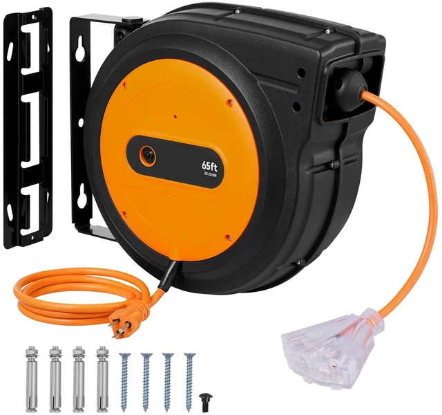 Alt view image 9 of 9 - Retractable Extension Cord Reel, 65 FT, Heavy Duty 12AWG/3C SJTOW Retractable Power Cord with Lighted Triple Tap Outlet, 15 Amp Circuit Breaker 180° Swivel Bracket for Ceiling or Wall Mount