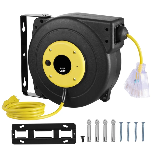 Alt view image 15 of 15 - Retractable Extension Cord Reel, 50 FT, Heavy Duty 14AWG/3C SJTOW Retractable Power Cord with Lighted Triple Tap Outlet, 13 Amp Circuit Breaker 180° Swivel Bracket for Ceiling or Wall Mount