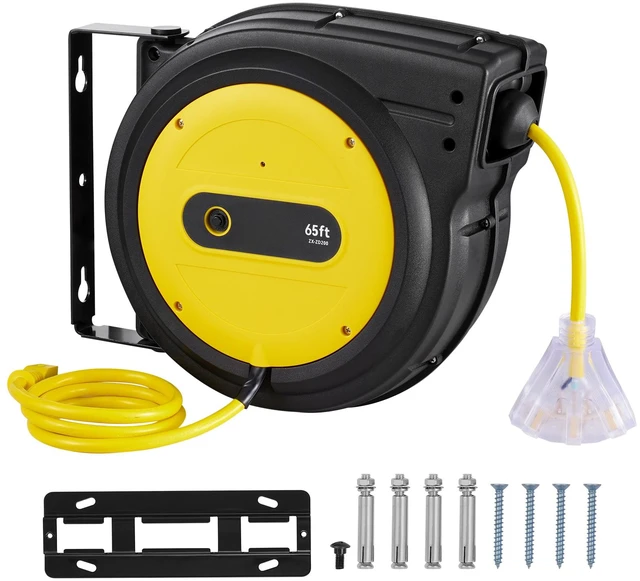 Alt view image 8 of 8 - Retractable Extension Cord Reel, 65 FT, Heavy Duty 12AWG/3C SJTOW Retractable Power Cord with Lighted Triple Tap Outlet, 15 Amp Circuit Breaker 180° Swivel Bracket for Ceiling or Wall Mount