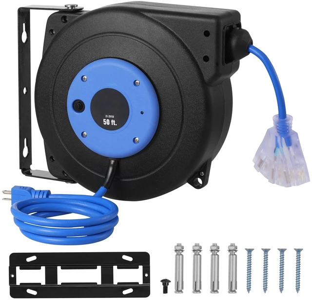 Alt view image 8 of 8 - Retractable Extension Cord Reel, 50 FT, Heavy Duty 14AWG/3C SJTOW Retractable Power Cord with Lighted Triple Tap Outlet, 13 Amp Circuit Breaker 180° Swivel Bracket for Ceiling or Wall Mount