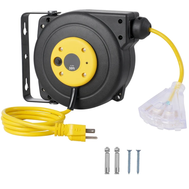 Alt view image 15 of 15 - Retractable Extension Cord Reel, 30 FT, Heavy Duty 16AWG/3C SJTOW Retractable Power Cord Reel with Lighted Triple Tap Outlet 10 Amp Circuit Breaker 4.5FT Lead-in Cord, for Ceiling or Wall Mount