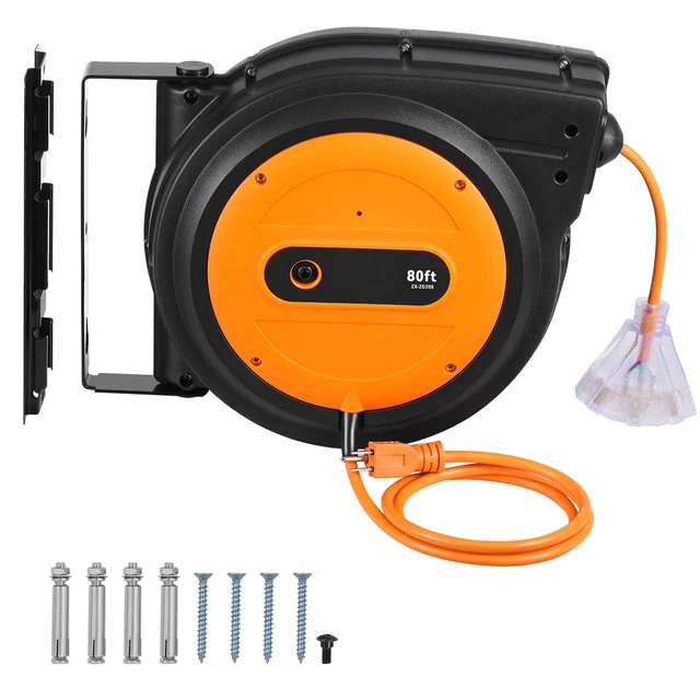 Alt view image 8 of 8 - Retractable Extension Cord Reel, 80 FT, Heavy Duty 12AWG/3C SJTOW Retractable Power Cord with Lighted Triple Tap Outlet, 15 Amp Circuit Breaker 180° Swivel Bracket for Ceiling or Wall Mount