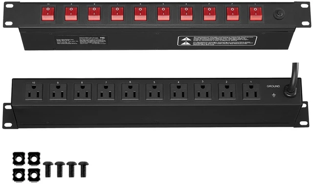 Alt view image 8 of 8 - 1U PDU, 10 Outlets, Rack Mount Power Strip Fits Standard 19" Server Racks, with Independent Switch Surge Protection & Overload Protection, 110-125V/15A, Ideal for Home and Office