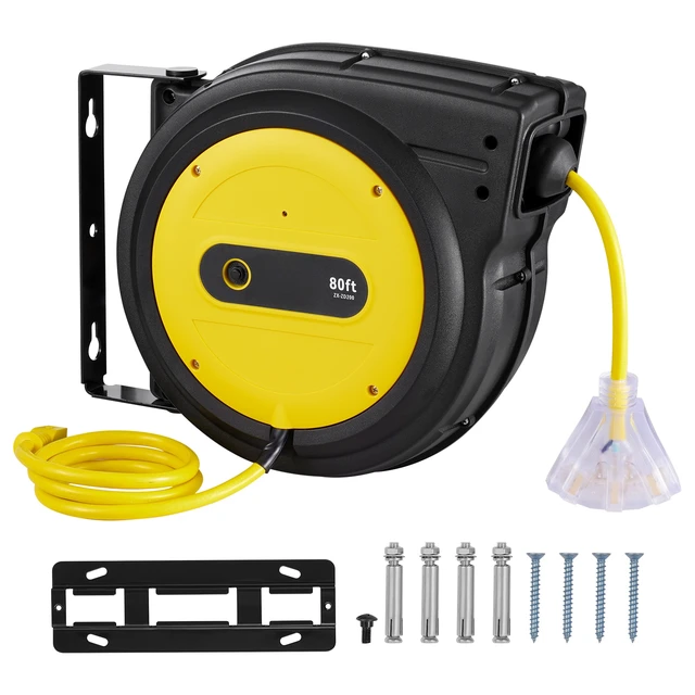 Alt view image 8 of 8 - Retractable Extension Cord Reel, 80 FT, Heavy Duty 12AWG/3C SJTOW Retractable Power Cord with Lighted Triple Tap Outlet, 15 Amp Circuit Breaker 180° Swivel Bracket for Ceiling or Wall Mount