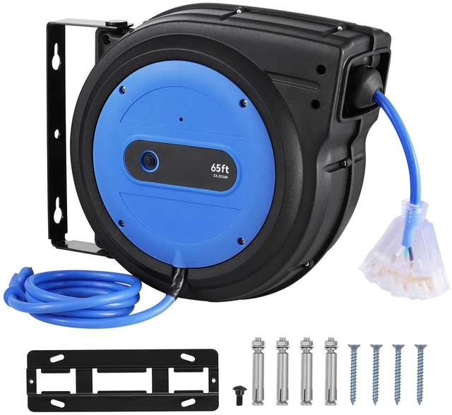 Alt view image 8 of 8 - Retractable Extension Cord Reel, 65 FT, Heavy Duty 12AWG/3C SJTOW Retractable Power Cord with Lighted Triple Tap Outlet, 15 Amp Circuit Breaker 180° Swivel Bracket for Ceiling or Wall Mount