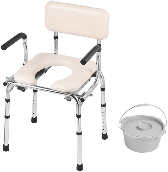 Alt view image 8 of 8 - Commode Chair, Bedside Commode with Padded Seat, Drop-Down Arms, 7-Level Adjustable Height, 5.8L Removable Bucket, Easy to Assemble, 350LBS Capacity, Portable Toilet for Adults Seniors
