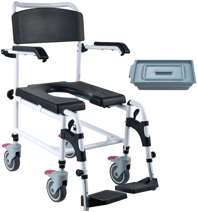 Alt view image 15 of 15 - Shower Commode Wheelchair with 4 Lockable Wheels, Footrests, Flip-up Arms, 3-Level Adjustable Height, 5L Removable Bucket, 350 LBS Capacity, Commode Chair for Adults Seniors