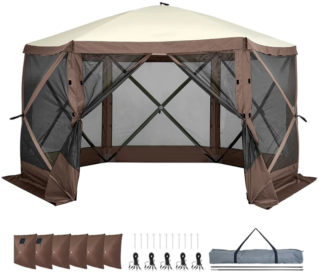 Alt view image 8 of 8 - Pop Up Gazebo Tent, Pop-Up Screen Tent 6 Sided Canopy Sun Shelter with 6 Removable Privacy Wind Cloths & Mesh Windows, 12.5x12.5FT Quick Set Screen Tent with Mosquito Netting, Brown