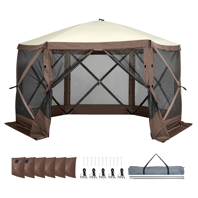 Alt view image 8 of 8 - Pop Up Gazebo Tent, Pop-Up Screen Tent 6 Sided Canopy Sun Shelter with 6 Removable Privacy Wind Cloths & Mesh Windows, 11.5x11.5FT Quick Set Screen Tent with Mosquito Netting, Brown