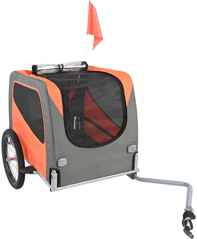 Alt view image 15 of 15 - Dog Bike Trailer, Supports up to 66 lbs, Pet Cart Bicycle Carrier, Easy Folding Frame with Quick Release Wheels, Universal Bicycle Coupler, Reflectors, Flag, Collapsible to Store, Orange/Gray
