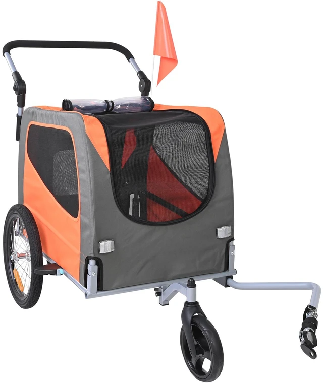 Alt view image 11 of 11 - Dog Bike Trailer, Supports up to 66 lbs, 2-in-1 Pet Stroller Cart Bicycle Carrier, Easy Folding Cart Frame with Quick Release Wheels, Universal Bicycle Coupler, Reflectors, Flag, Orange/Gray