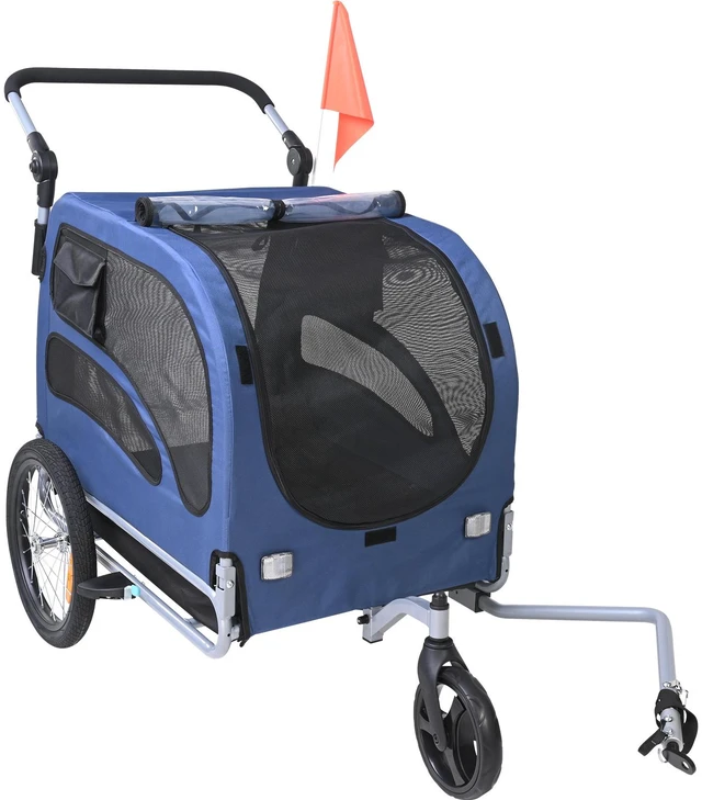 Alt view image 15 of 15 - Dog Bike Trailer, Supports up to 100 lbs, 2-in-1 Pet Stroller Cart Bicycle Carrier, Easy Folding Cart Frame with Quick Release Wheels, Universal Bicycle Coupler, Reflectors, Flag, Blue/Black