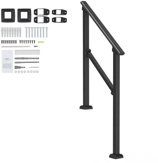 Alt view image 9 of 9 - Handrails for Outdoor Steps, 2-3 Step Stair Hand Rail Kit, Transitional Carbon Steel Railings with Installation Kit, Stair Rails for Seniors, Concrete Steps & Porch & Deck, Black Square Tube
