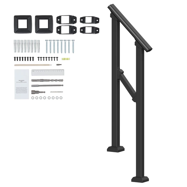 Alt view image 8 of 8 - Handrails for Outdoor Steps, 1-2 Step Stair Hand Rail Kit, Transitional Carbon Steel Railings with Installation Kit, Stair Rails for Seniors, Concrete Steps & Porch & Deck, Black Square Tube