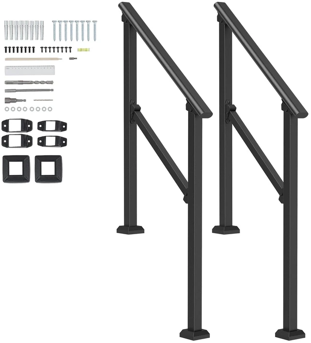 Alt view image 9 of 9 - Handrails for Outdoor Steps, 2 PCS 2-3 Step Stair Hand Rail Kit, Transitional Carbon Steel Railings with Installation Kit, Stair Rails for Seniors, Concrete & Porch & Deck, Black Square Tube