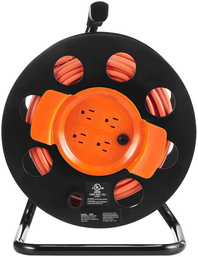 Alt view image 8 of 8 - Extension Cord Reel, 100FT, with 4 Outlets and Dust Cover, Heavy Duty 14AWG SJTOW Power Cord, Manual Cord Reel with Portable Handle Circuit Breaker, for Toolshed Garage, Tested to UL Standards