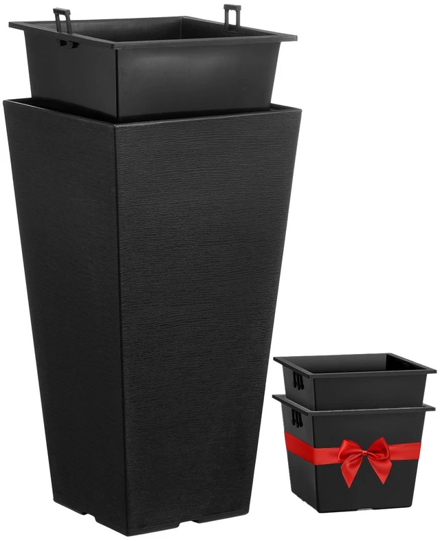 Alt view image 8 of 8 - Set of 2 Tall Outdoor Planters 22inch, Large Planters For Outdoor Indoor Plants, Black Tapered Square Front Porch Planters Flower Tree Plant Pots with Modern Design and Built-in Drainage