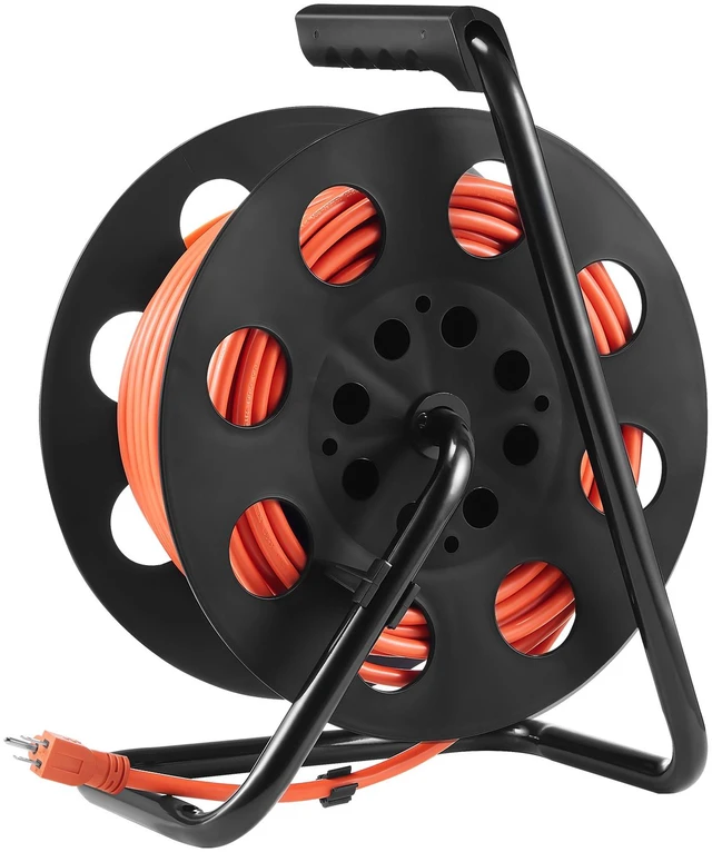 Alt view image 8 of 8 - Extension Cord Reel, 100FT, with 4 Outlets and Dust Cover, Heavy Duty 12AWG SJTOW Power Cord, Manual Cord Reel with Portable Handle Circuit Breaker, for Toolshed Garage, Tested to UL Standards