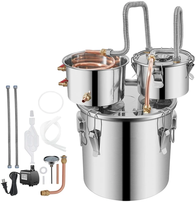 Alt view image 8 of 8 - Moonshine Still Distiller 3Gal 12L Stainless Steel Water Distiller Copper Tube with Circulating Pump Home Brewing Kit Build-in Thermometer for DIY Whisky Wine Brandy Spirits