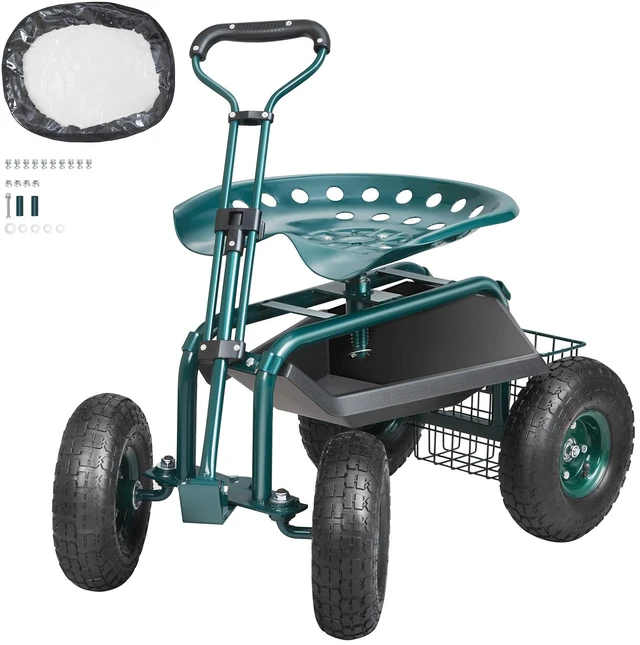 Alt view image 15 of 15 - VEVOR Garden Cart Rolling Workseat with Wheels, Gardening Stool for Planting, 360 Degree Swivel Seat, Wagon Scooter with Steering Handle & Utility Tool Tray, Use for Patio, Yard, and Outdoors, Green