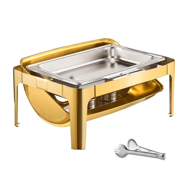 Alt view image 9 of 9 - VEVOR Roll Top Chafing Dish Buffet Complete Set, 9Qt Stainless Steel Chafer with Full Size Pan, Rectangle Catering Warmer Server with Visible Lid Water Pan Folding Stand Fuel Holder Meal Clip, Gold