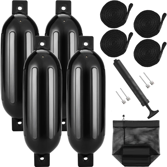 Alt view image 9 of 9 - Boat Fenders, 5.5" x 20" Boat Bumpers for Docking, Inflatable Ribbed Fender with Center Holes, Marine Boat Dock Fender Bumper with Air Pump, 4 Needles and 4 Ropes and Storage Bag, Black