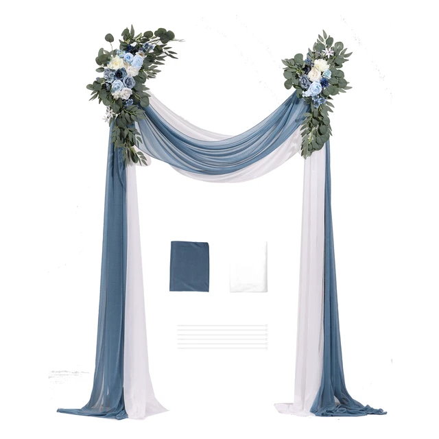 Alt view image 9 of 9 - Artificial Wedding Arch Flowers Kit, Blue Wedding Arch Flowers with Drapes Kit (Pack of 4) - 2 Pcs Floral Arrangement, 2 Pcs Sheer Drapes, for Ceremony Bouquets Reception Backdrop Decoration