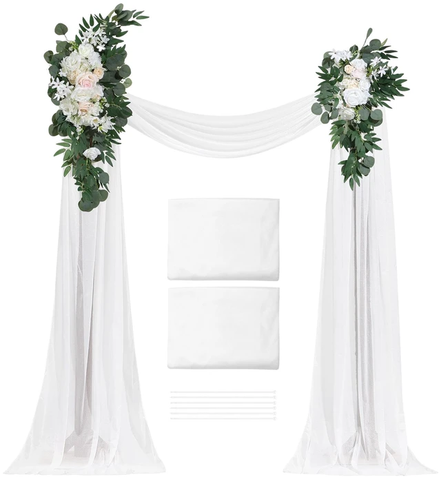Alt view image 15 of 15 - Artificial Wedding Arch Flowers Kit, White Wedding Arch Flowers with Drapes Kit (Pack of 4) - 2 Pcs Floral Arrangement, 2 Pcs Sheer Drapes, for Ceremony Bouquets Reception Backdrop Decoration