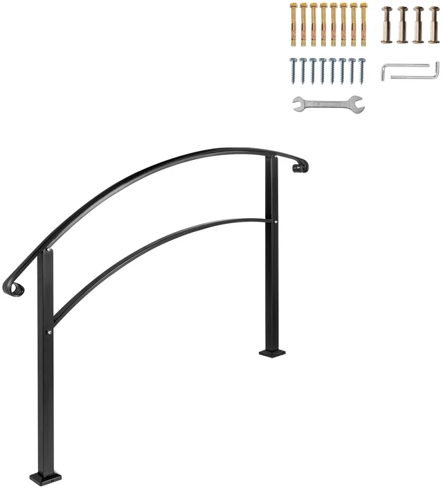 Alt view image 8 of 8 - Handrails for Outdoor Steps, Fit 1 or 3 Steps Outdoor Stair Railing, Black Wrought Iron Handrail, Flexible Front Porch Hand Rail, Transitional Handrails for Concrete Steps or Wooden Stairs