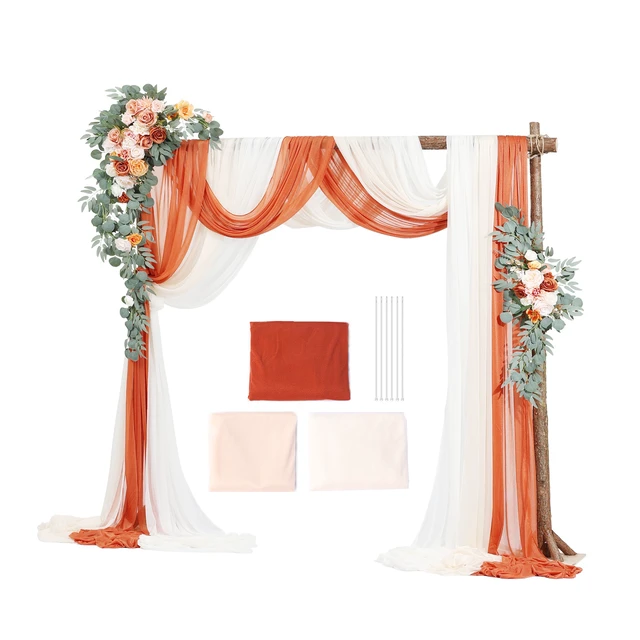 Alt view image 9 of 9 - Artificial Wedding Arch Flowers Kit, Orange Wedding Arch Flowers with Drapes Kit (Pack of 5) - 2 Pcs Floral Arrangement, 3 Pcs Sheer Drapes, for Ceremony Bouquets Reception Backdrop Decoration