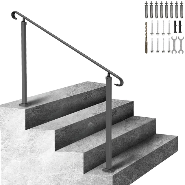 Alt view image 9 of 9 - Handrails for Outdoor Steps, Fit 3-5 Steps Outdoor Stair Railing, Wrought Iron Handrail, Flexible Front Porch Hand Rail, Black Transitional Hand railings for Concrete Steps or Wooden Stairs