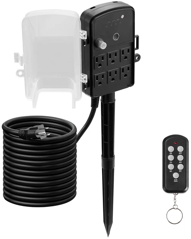 Alt view image 8 of 8 - VEVOR Outdoor Power Stake, 25FT Extension Cord, Outdoor Power Strip Weatherproof with Cover, Remote Control Dusk to Dawn Light Timer Waterproof, 6 Outlets, 1875W/15A, for Christmas Lights, Garden