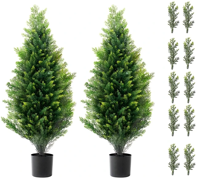 Alt view image 15 of 15 - Artificial Cedar Topiary Tree, 36 inch Tall (2 Pieces), with Extra Leaves & Pot Faux Evergreen Fake Pine Cypress Trees Plant, UV Rated Artificial Greenery Set for Home Decor Indoor/Outdoor