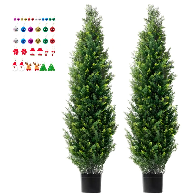 Alt view image 10 of 10 - Artificial Cedar Topiary Tree, 60 inch Tall (2 Pieces), with Extra Leaves & Pot Faux Evergreen Fake Pine Cypress Trees Plant, UV Rated Artificial Greenery Set for Home Decor Indoor/Outdoor
