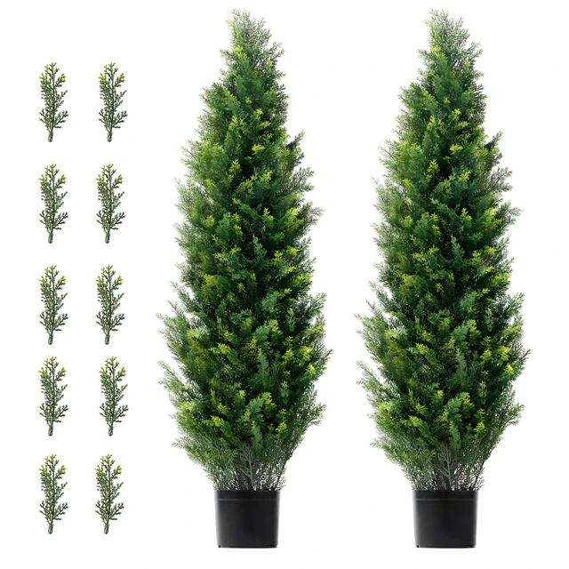Alt view image 9 of 9 - Artificial Cedar Topiary Tree, 48 inch Tall (2 Pieces), with Extra Leaves & Pot Faux Evergreen Fake Pine Cypress Trees Plant, UV Rated Artificial Greenery Set for Home Decor Indoor/Outdoor