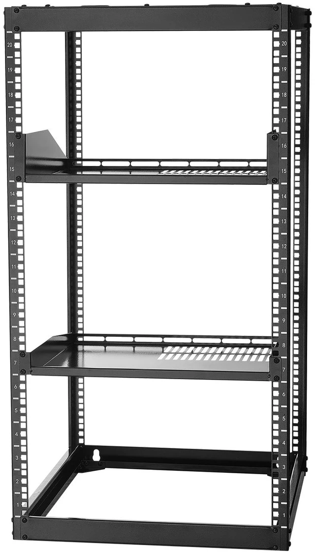 Alt view image 8 of 8 - 20U Open Frame Network Rack, 23 in Depth, Wall Mounted or Floor Standing Server Rack, Heavy Duty 4 Post, with Vented Shelves & Mounting Hardware, Holds All Your Networking IT Equipment AV Gear