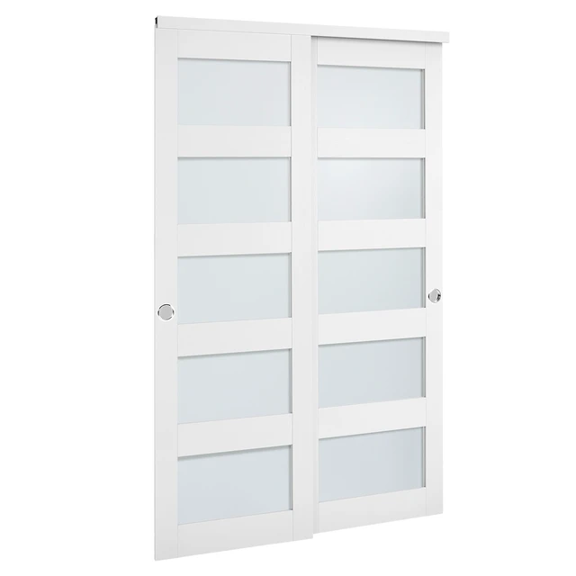 Alt view image 8 of 8 - Sliding Closet Door, 48" (Double 25") x 80", 5-Lite Frosted Glass Bypass Sliding Doors with Hardware Kit & Floor Guide, Solid Wood & MDF Slab with Waterproof PVC Surface for Closets Bedrooms