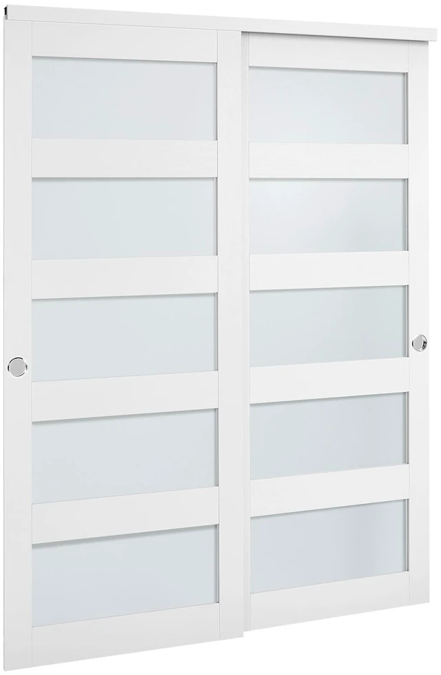Alt view image 9 of 9 - Sliding Closet Door, 60" (Double 31") x 80", 5-Lite Frosted Glass Bypass Sliding Doors with Hardware Kit & Floor Guide, Solid Wood & MDF Slab with Water-Proof PVC Surface for Closets Bedrooms