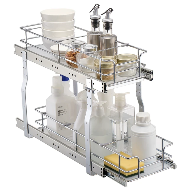 Alt view image 15 of 15 - VEVOR 2-Tier 8.5"Wx21"Dx15"H Wire Pull Out Cabinet Under Sink Organizer Drawer Basket, 10"Wx22"Dx18"H Install Size for Cabinet