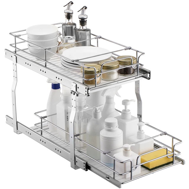 Alt view image 15 of 15 - 2-Tier 12"Wx21"Dx15"H Wire Pull Out Cabinet Under Sink Organizer Drawer Basket, 13.5"Wx22"Dx18"H Install Size for Cabinet