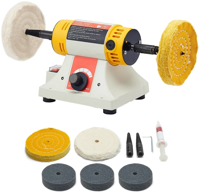 Alt view image 8 of 8 - Bench Buffer Polisher, 1/2HP Polishing and Buffing Machine, 0 to 8000RPM Benchtop Polisher with 2PCS 4" Cotton Wheel, 3PCS 3" Abrasive Fiber Wheels & Polishing Compound for Metal Jewelry Wood