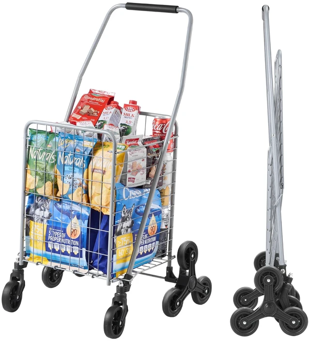Alt view image 9 of 9 - Grocery Shopping Cart, 45L Stair Climbing Shopping Cart with 360° Rolling Swivel Wheels, Stair Climber Utility Cart with Tri-Wheels, Foldable Collapsible & Lightweight for Laundry Travel, Silver