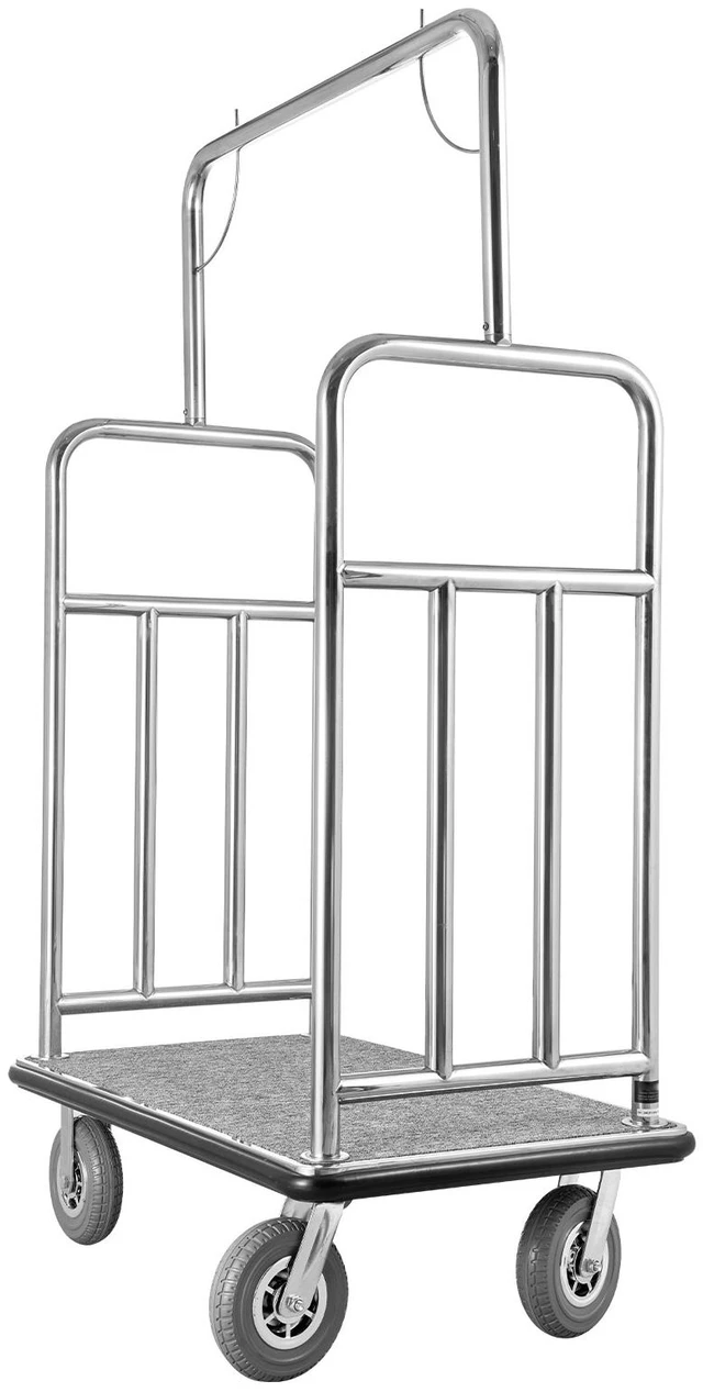 Alt view image 9 of 9 - Hotel Luggage Cart, 1200 LBS Load Capacity, Brushed Stainless Steel Finish Bellman's Cart, Valet Cart with Grey Carpeted Deck and 8-inch Rubber Wheels, Ideal for Hotels, Condos, Resorts, Silver