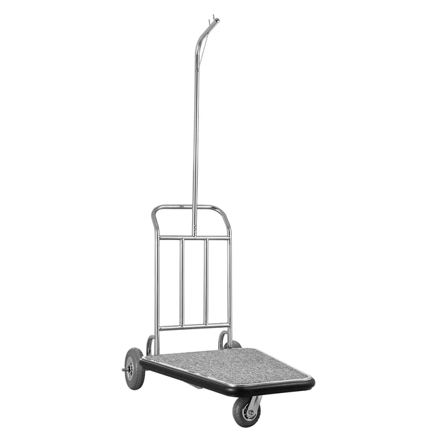 Alt view image 8 of 8 - Luggage Cart, 600 LBS Load Capacity, 3 Wheel Stainless Steel Bellman Cart, Valet Cart with Grey Carpeted Deck and Rubber Wheels, Ideal for Convention Centers, Hotels, Rental Properties, Silver