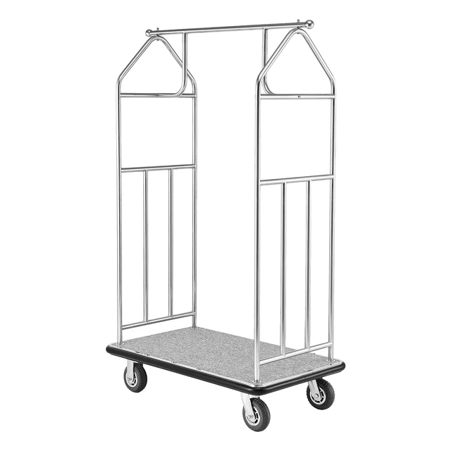 Alt view image 15 of 15 - Hotel Luggage Cart, 800 LBS Load Capacity, Brushed Stainless Steel Finish Bellman's Cart, Valet Cart with Grey Carpeted Deck and 6-inch Rubber Wheels, Ideal for Hotels, Condos, Resorts, Silver